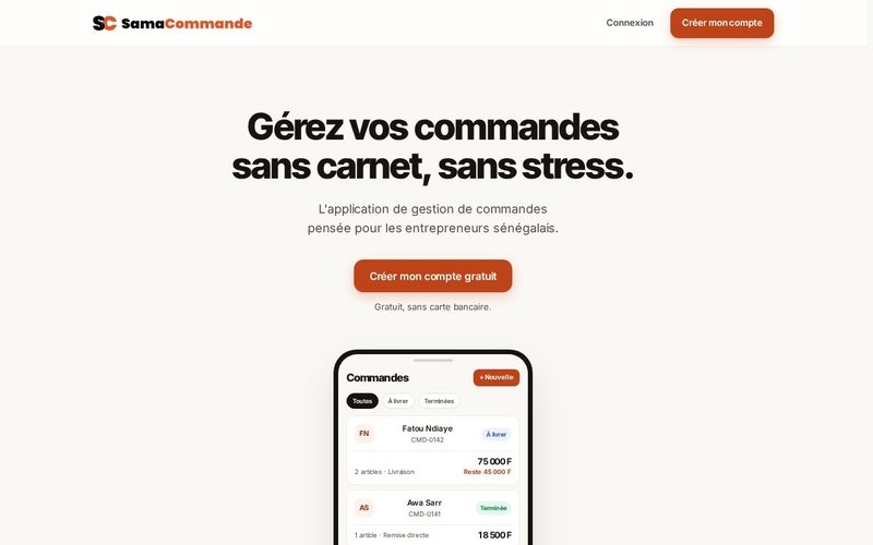 Capture d’écran du site Sama Commande